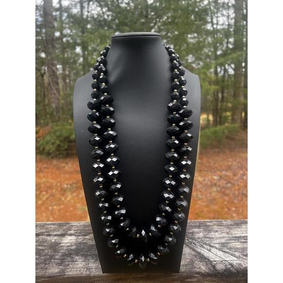 VTG KJL Kenneth Lane Faceted Jet Black Gold Bead Double Strand Necklace 28" Long - Picture 8 of 8